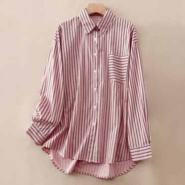 Utoimkio Clearance Women's Striped Oversized Button Down Shirts Casual Loose Blouse Tops Long Sleeve Turndown Collar Dress Shirt Vacation Work Clothes for Women with Pockets