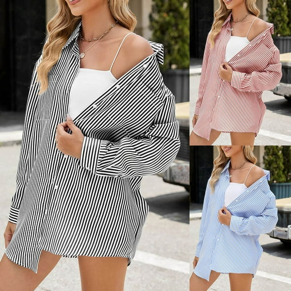 Utoimkio Women's Striped Oversized Button Down Long Shirts Dress Shirt Long Sleeve V Neck Loose Blouses Casual Vacation Tunic Tops for Women with Pockets