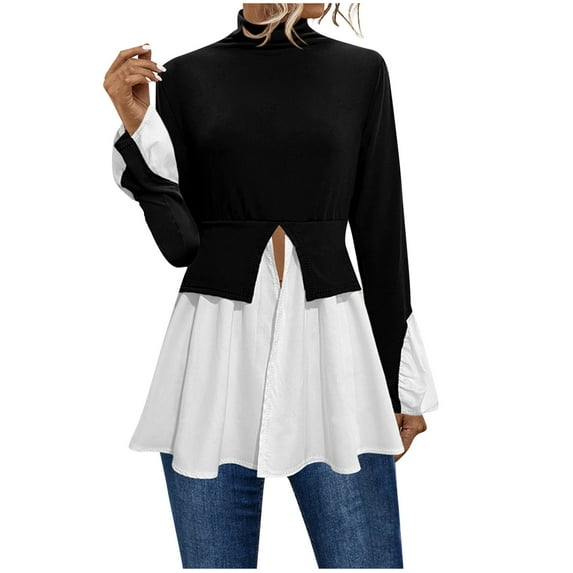Utoimkio Women's Turtleneck Solid T Shirts Casual Ruffled Tunic Tops Basic Tees Blouses for Women