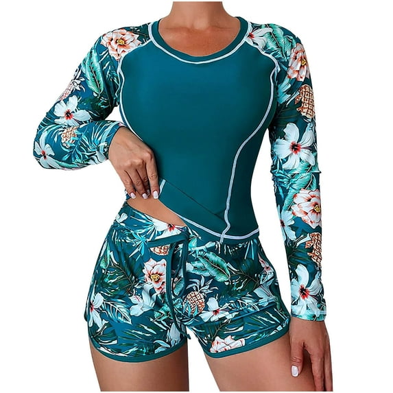 Utoimkio Clearance Women's Two Piece Rash Guard Long Sleeve Swimsuits Floral Bathing Suits for Women with Boyshorts Summer Swim Shirts Beach Swimwear