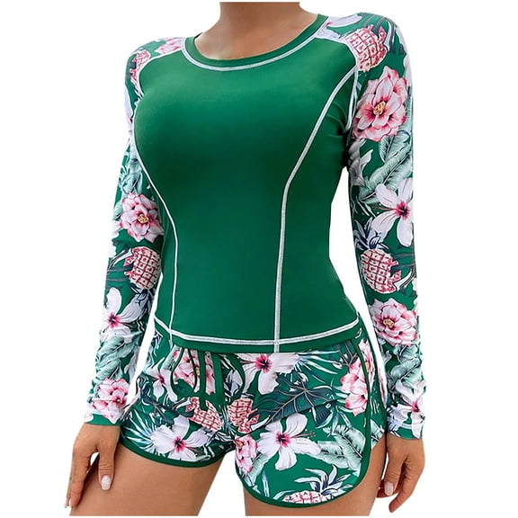 Utoimkio Women's Two Piece Rash Guard Long Sleeve Swimsuits Floral Print Bathing Suits for Women with Boyshorts Sun Protection Summer Swim Shirts Beach Swimwear