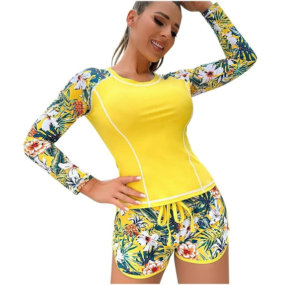 Utoimkio Clearance Women's Two Piece Rash Guard Long Sleeve Swimsuits Floral Print Bathing Suits for Women with Boyshorts Sun Protection Summer Swim Shirts Beach Swimwear