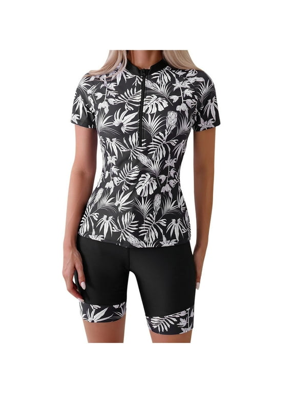 Women's Two Piece Rash Guard Short Sleeve Swimsuits Floral Print Bathing Suits for Women with Boyshorts Sun Protection Summer Swim Shirts Beach Swimwear