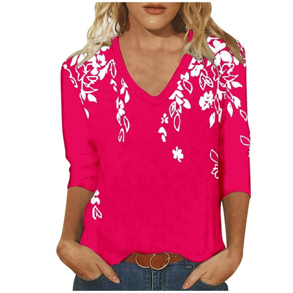 Utoimkio Women's V Neck 3/4 Sleeve T Shirts Casual Floral Print Tunic Tops Basic Tees Blouses for Women