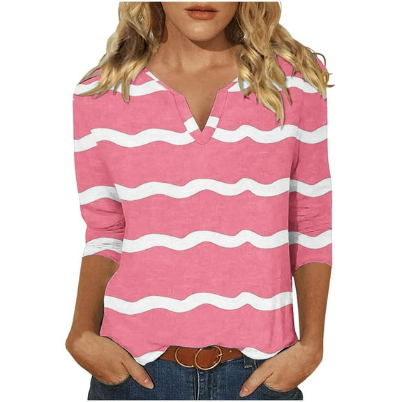 Utoimkio Women's V Neck 3/4 Sleeve T Shirts Casual Floral Print Tunic Tops Basic Tees Blouses for Women