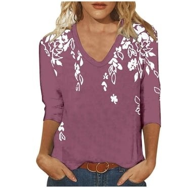 Utoimkio Clearance Women's V Neck 3/4 Sleeve T Shirts Casual Floral Print Tunic Tops Basic Tees Blouses for Women