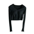 thumbnail image 1 of Utoimkio Women's V Neck Long Sleeve Cropped Shirts Loose Fit Shirts Casual Solid Basic Cropped Tops Tees Blouses for Women, 1 of 8