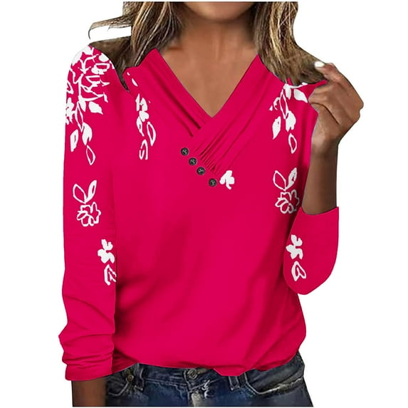 Utoimkio Women's V Neck Long Sleeve T Shirts Casual Floral Print Tunic Tops Basic Tees Blouses for Women
