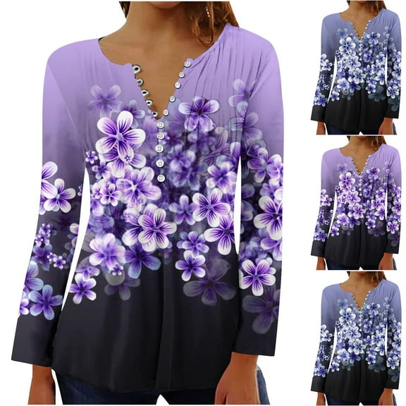 Utoimkio Women's V Neck Long Sleeve T Shirts Casual Floral Print Tunic Tops Basic Tees Blouses for Women