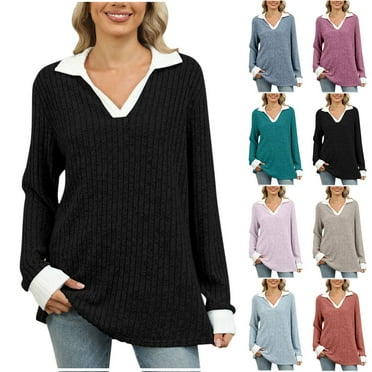Utoimkio Clearance Women's V Neck Long Sleeve T Shirts Loose Fit Shirts Casual Solid Basic Tops Tees Blouses for Women