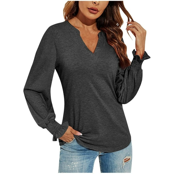 Utoimkio Women's V Neck Long Sleeve T Shirts Loose Fit Shirts Casual Solid Basic Tops Tees Blouses for Women