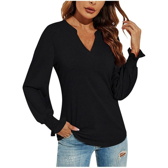 Utoimkio Women's V Neck Long Sleeve T Shirts Loose Fit Shirts Casual Solid Basic Tops Tees Blouses for Women
