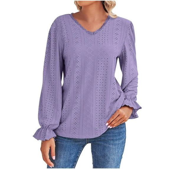Utoimkio Women's V Neck Long Sleeve T Shirts Loose Fit Shirts Casual Solid Basic Tops Tees Blouses for Women