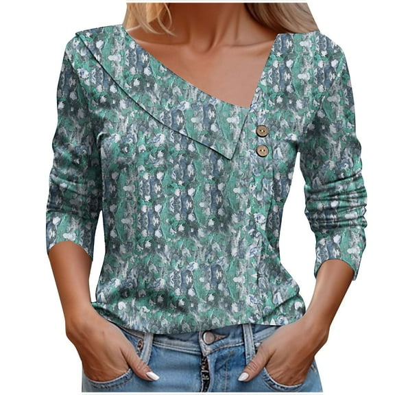 Utoimkio Women's V Neck Long Sleeve Tops Casual Floral Print T Shirts Basic Blouse Tees Loose Fit Lightweight Tunic Shirts