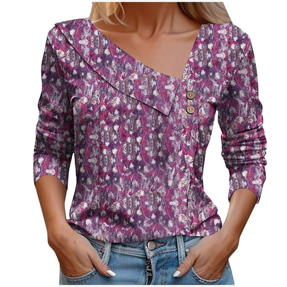 Utoimkio Women's V Neck Long Sleeve Tops Casual Floral Print T Shirts Basic Blouse Tees Loose Fit Lightweight Tunic Shirts