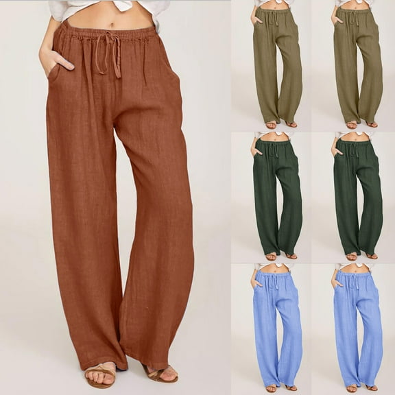 Utoimkio Women's Wide Leg Cotton Linen Pants Elastic High Waisted Drawstring Jogger Sweat Pants for Women Casual Trousers with Pockets
