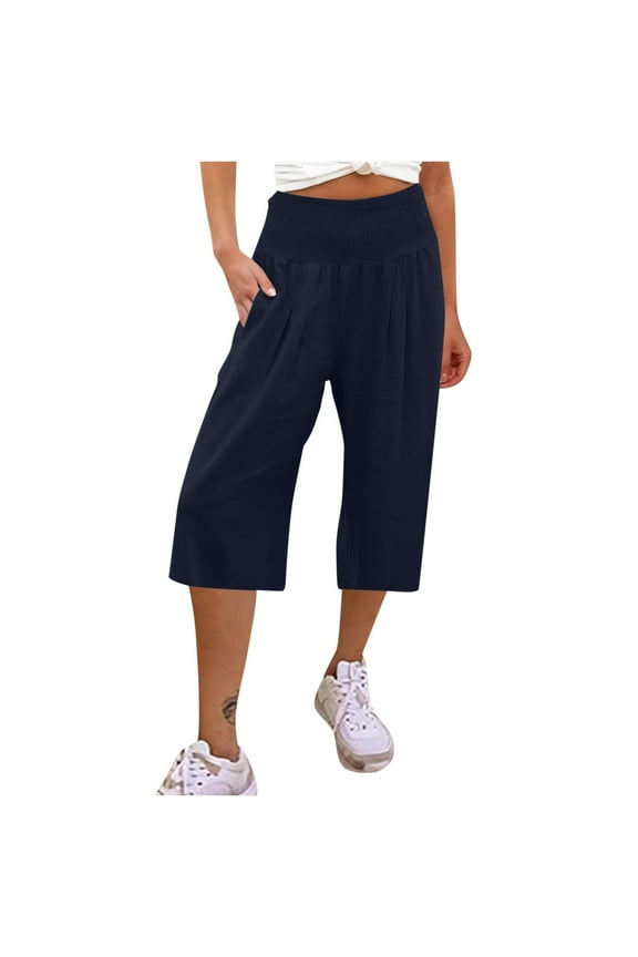 Women's Wide Leg Cropped Sweatpants Capri Pants Casual Jogger Sweat Pants Summer Loose Fit High Waisted Capri Trousers with Side Pockets