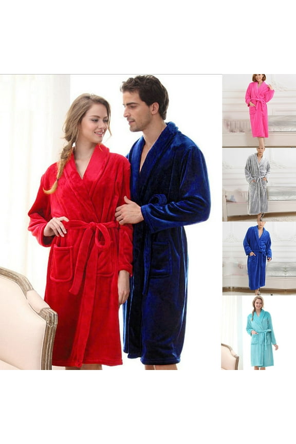 Women's and Men's Flannel Hooded Robe Winter Soft Warm Bathrobe with Pockets for Couples