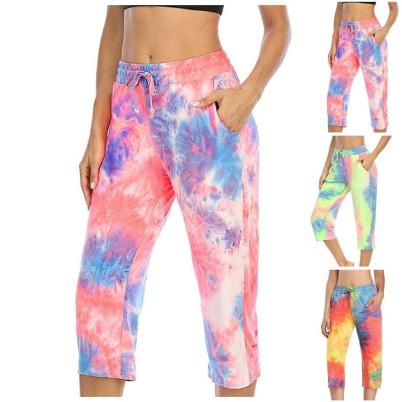 Utoimkio Yoga Capri Pants for Women Casual Summer Stretch High Waisted Drawstring Workout Leggings Cropped Yoga Pants for Women with Pockets