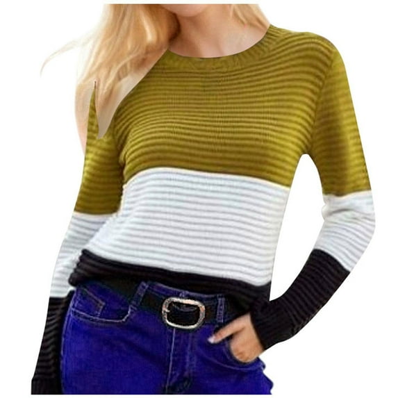 Utoimkio Color Block Fall Sweaters for Women Round Neck Striped Cute Winter Pullover Sweaters for Women