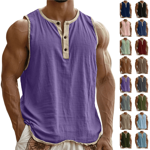 Utoimkio Cotton Linen Workout Tank Tops for Men Oversized Henley Crewneck Sleeveless T Shirts Solid Button Gym Muscle Tanks Size S-3XL