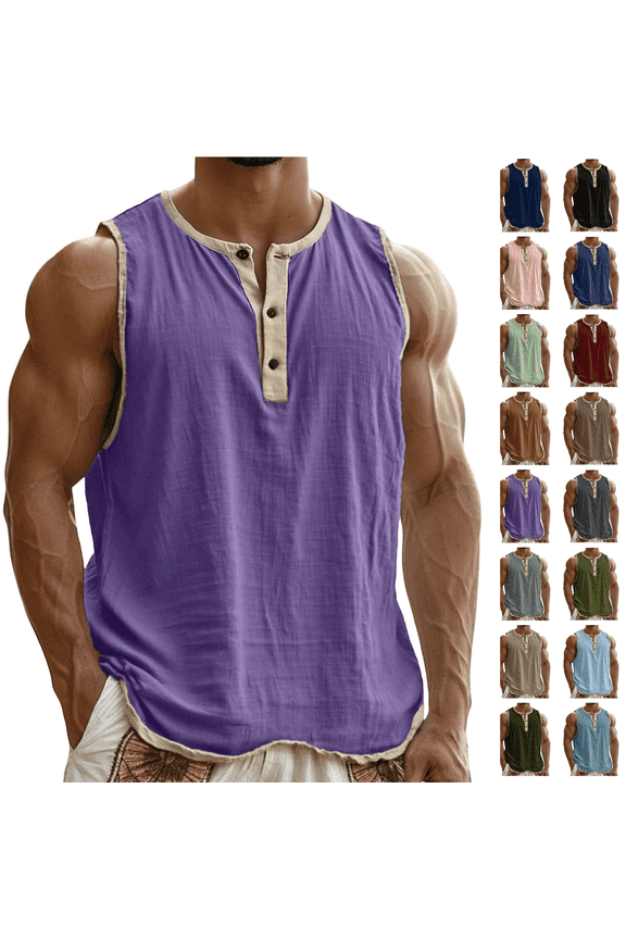 Cotton Linen Workout Tank Tops for Men Oversized Henley Crewneck Sleeveless T Shirts Solid Button Gym Muscle Tanks Size S-3XL