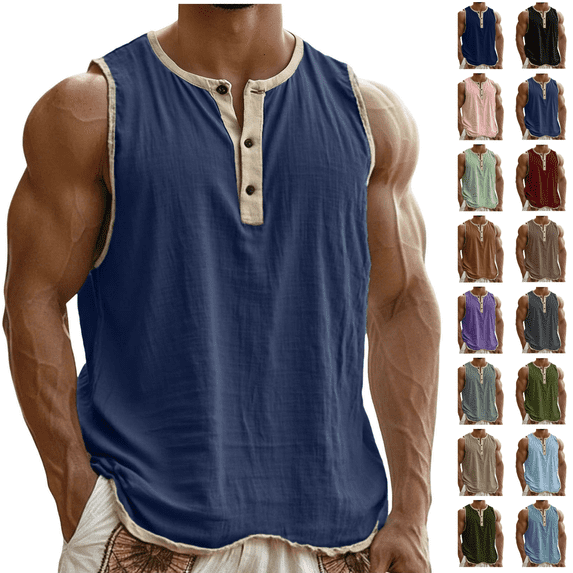 Utoimkio Cotton Linen Workout Tank Tops for Men Oversized Henley Crewneck Sleeveless T Shirts Solid Button Gym Muscle Tanks Size S-3XL