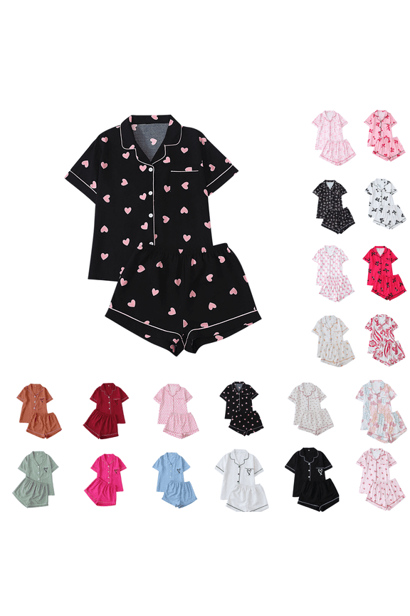 Cute Heart Print Pajama Sets for Women Button Down Shirts and Shorts Two Piece Outfits Summer Sleepwear Casual Lounge Sets Size S-XL