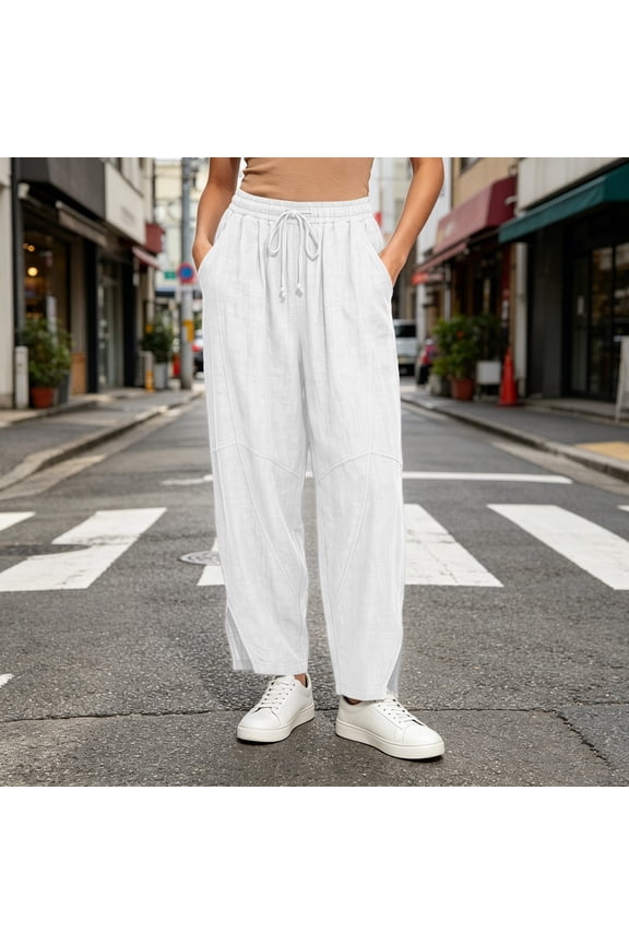 Drawstring Elastic Waist Loose Harem Pants for Women with Side Slit and Pockets