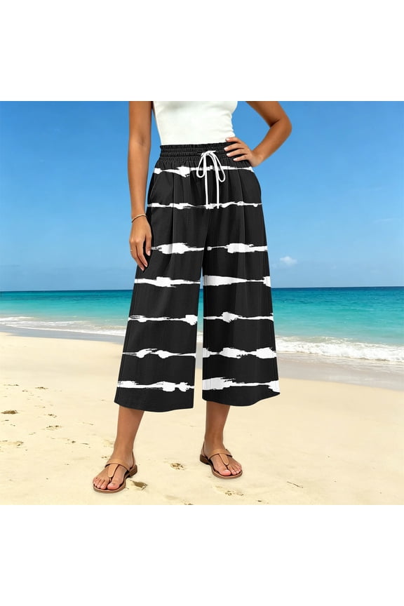 Drawstring Elastic Waist Striped Wide Leg Cropped Pants for Women Casual Abstract Print Culottes with Side Pockets