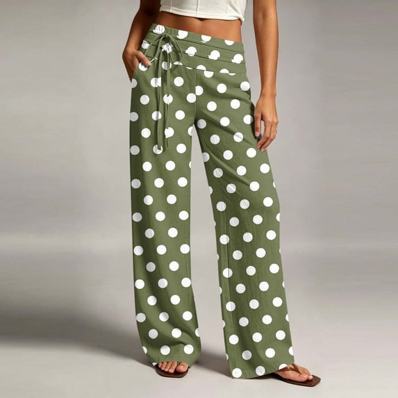 Utoimkio Drawstring Waist Polka Dot Wide Leg Pants for Women Casual Linen Blend Trousers with Pockets