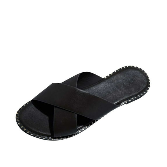 Utoimkio Flat Sandals for Women Summer Womens Studded Flat Sandals Open Toe Slip On Mule Slides Crossed Strap Slipper