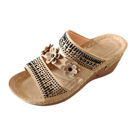 Utoimkio Flip Flops for Women Size 8 Women's Summer Leisure Comfortable Rhinestone Flower Wedges