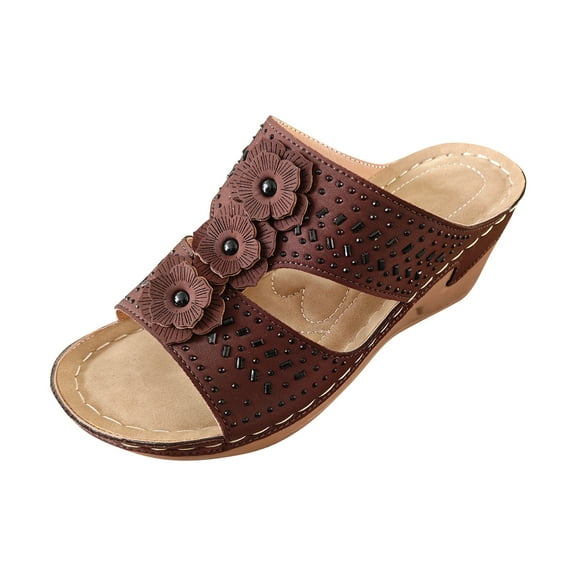 Utoimkio Flip Flops for Women Wide Width Women's Summer Leisure Comfortable Rhinestone Flower Wedges