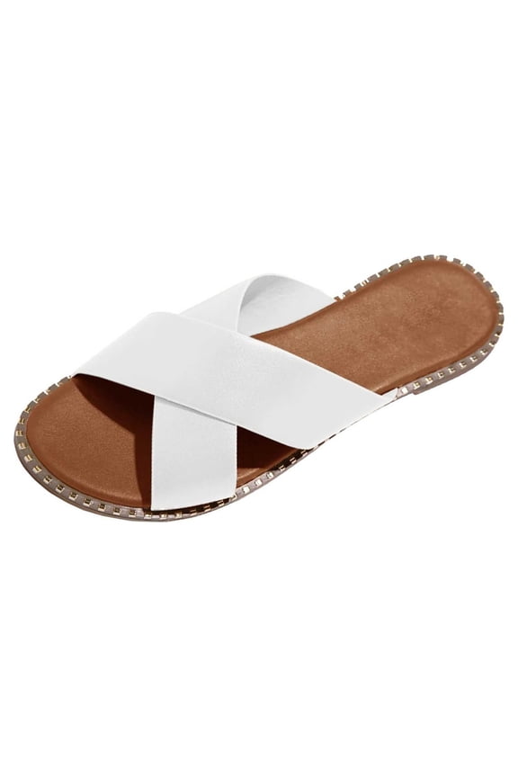 Flip Flops for Women Wide Width Womens Studded Flat Sandals Open Toe Slip On Mule Slides Crossed Strap Slipper