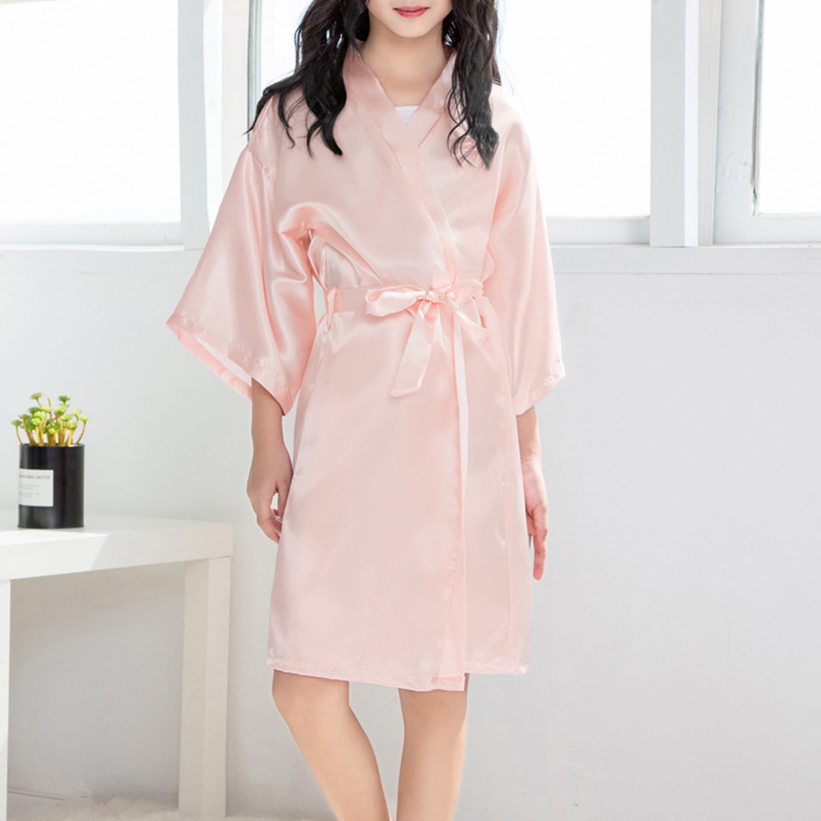Utoimkio Girls Satin Floral Kimono Robe Solid Girl Bath Robes Spa Robes