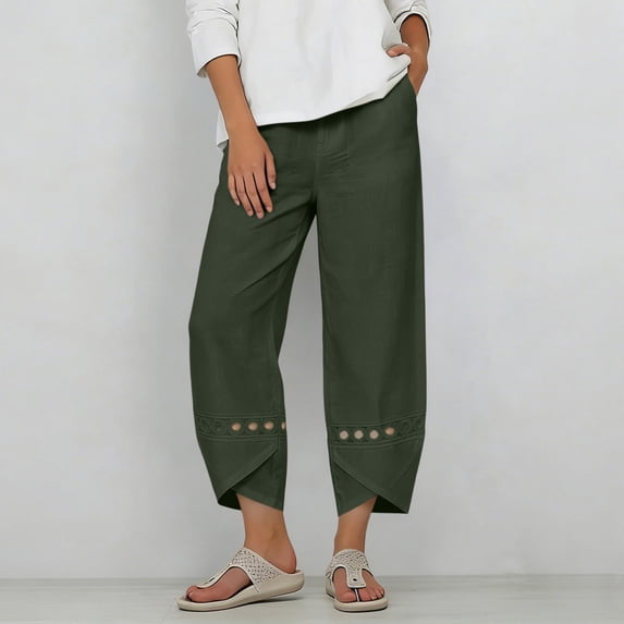 Utoimkio High Waist Cropped Linen Pants for Women Boho Eyelet Embroidery Wrap Cuff Capri Trousers with Side Hand Pockets