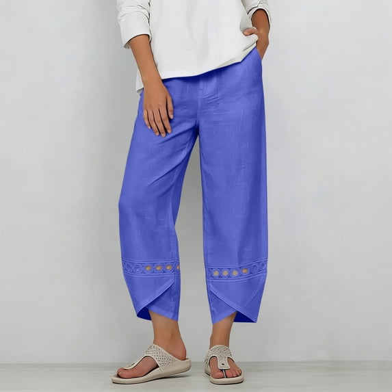 Utoimkio High Waist Cropped Linen Pants for Women Boho Eyelet Embroidery Wrap Cuff Capri Trousers with Side Hand Pockets