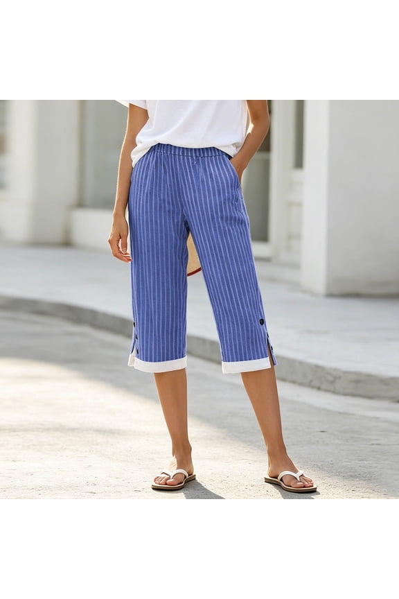 High Waist Cropped Linen Pants for Women Casual Embroidery Eyelet Hem Wrap Cuff Capri Trousers with Side Slip Pockets