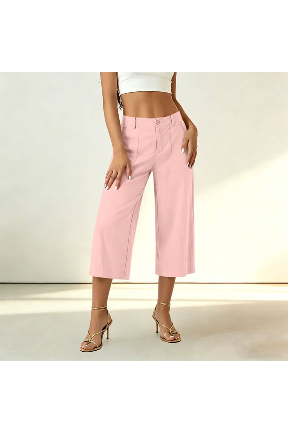High Waist Wide Leg Capri Pants for Women Casual Single Button Fly Cropped Trousers for Women with Patch Side Pockets