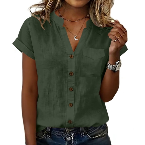 Utoimkio Linen Shirts for Women Button Down Short Sleeve Tops Cotton Blouses Collared Button-up Beach Vacation Outfits Size S-XXL