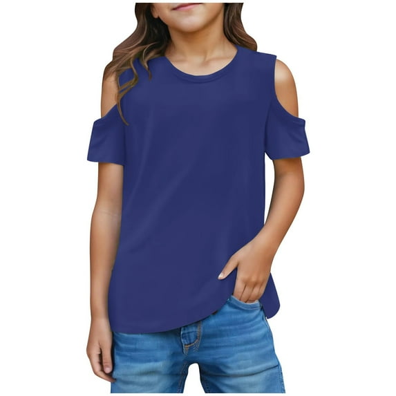 Utoimkio Little Girls Short Sleeve T Shirts Kids Off Shoulder Tees Solid Color Crewneck Tops