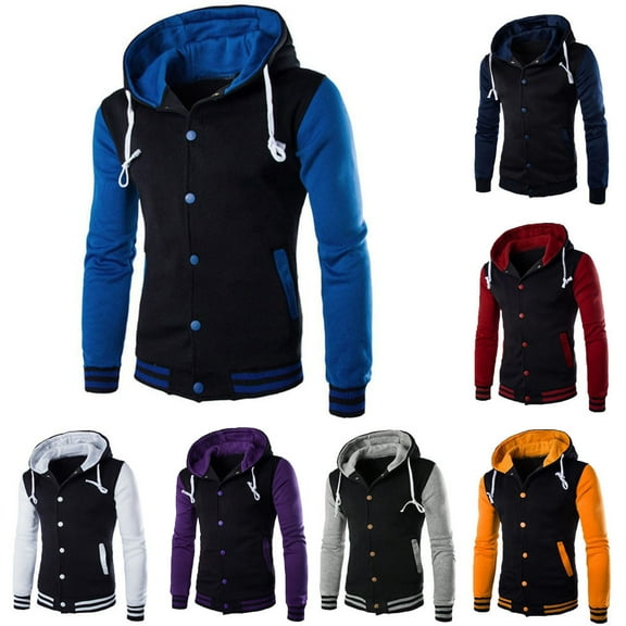 Utoimkio Men's Baseball Hooded Jacket Long Sleeve Drawstring Button Down Coats Lightweight Loose Fit Crewneck Outwear with Pockets
