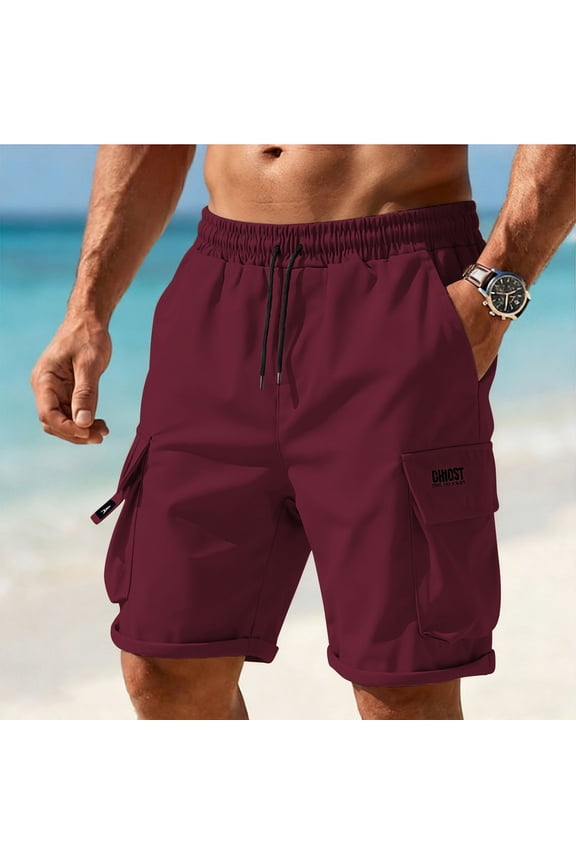 Men's Burgundy Drawstring Cargo Shorts,Elastic Waist Drawstring Quick Dry Casual Shorts with Pockets
