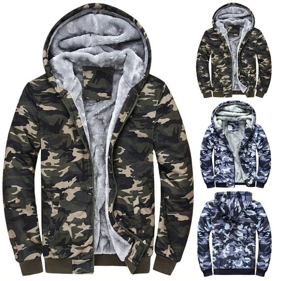 Utoimkio Men's Camouflage Fleece Lined Hooded Jackets Winter Warm Full Zipper Stand Collar Windproof Coats Hoodies Winter Outwear with Pockets
