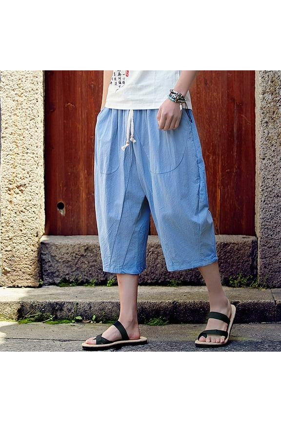 Men's Casual Cropped Harem Pants Baggy Elastic Drawstring Waist Trousers