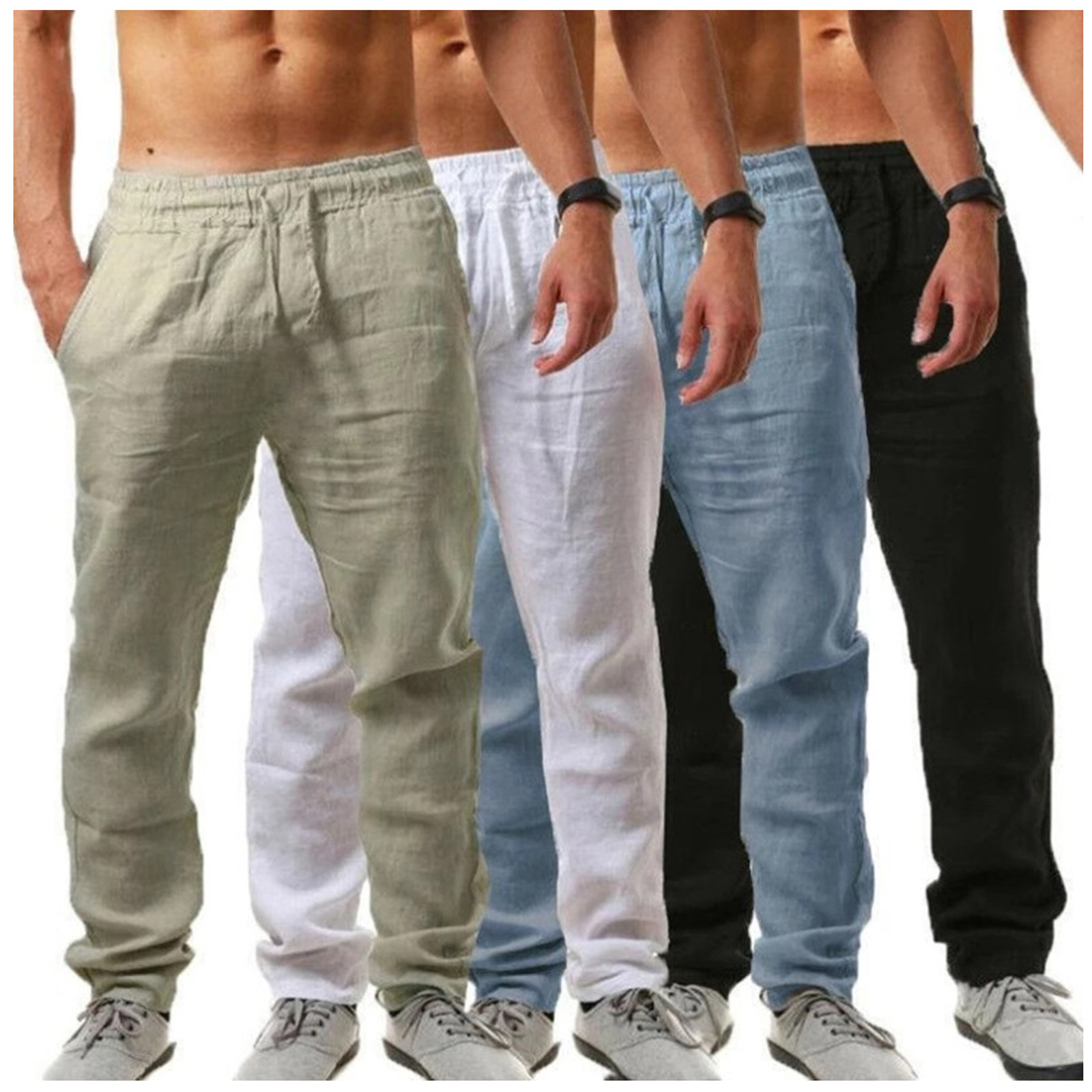 Utoimkio Men's Casual Linen Pants Loose Fit Straight Leg Elastic ...