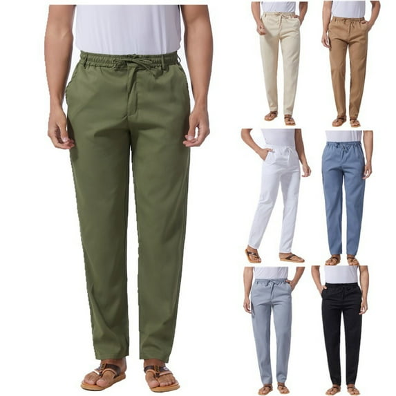 Utoimkio Men's Casual Linen Pants Loose Fit Work Trousers Straight Leg Elastic Waist Summer Beach Long Pants with Pockets