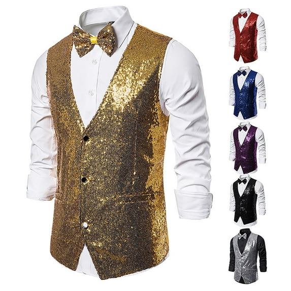 Utoimkio Men's Casual Sequins Button Down Vest Jackets Sleeveless V Neck Vest Party Costumes