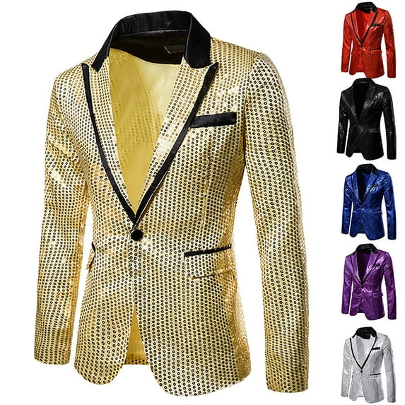 Utoimkio Men's Casual Sequins Suit Jacket One Button Single Breasted Coats Regular Fit Turndown Collar Shirts